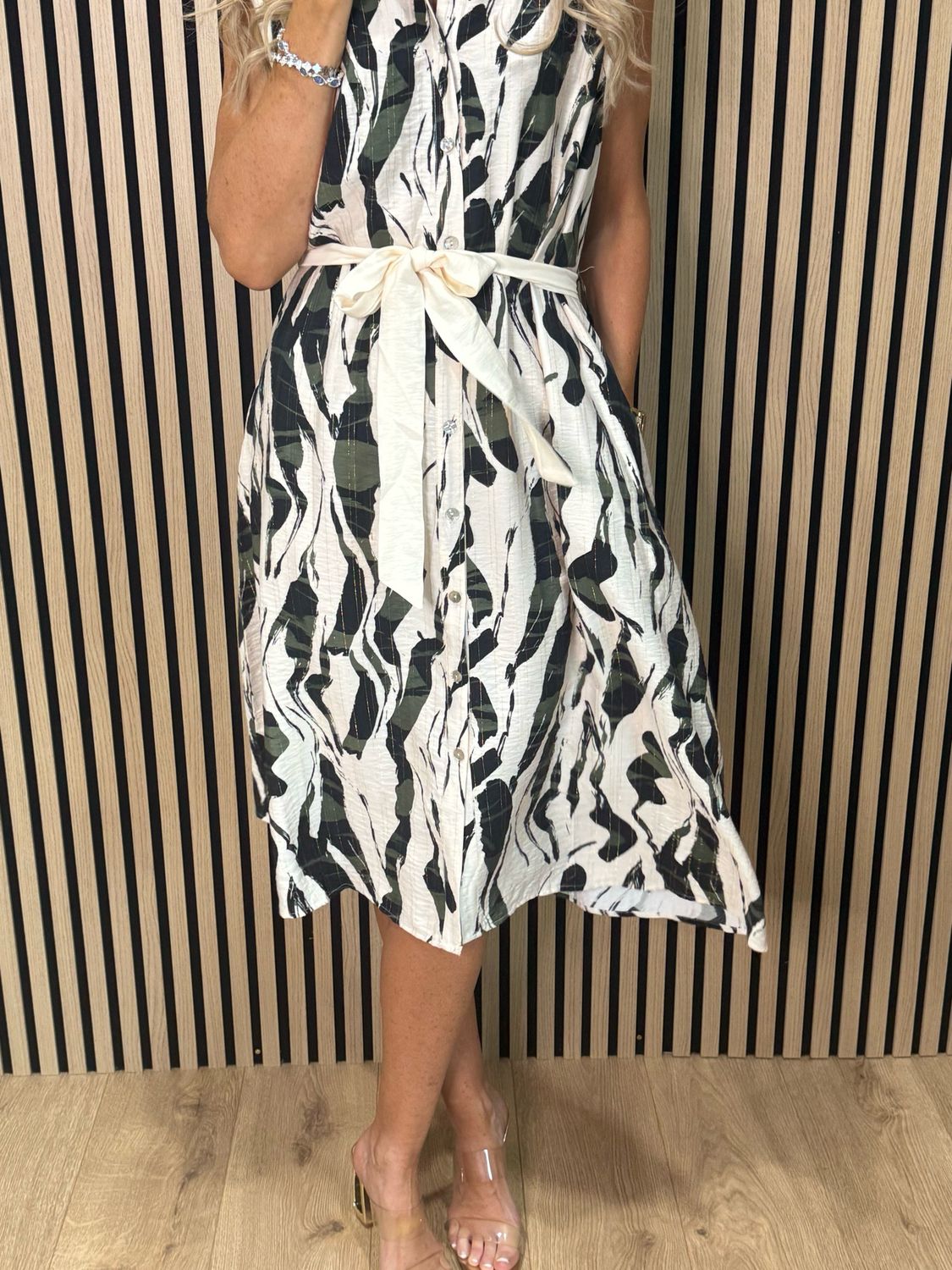 Abstract Print - Tie Waist Shirt Dress - Cream/Khaki