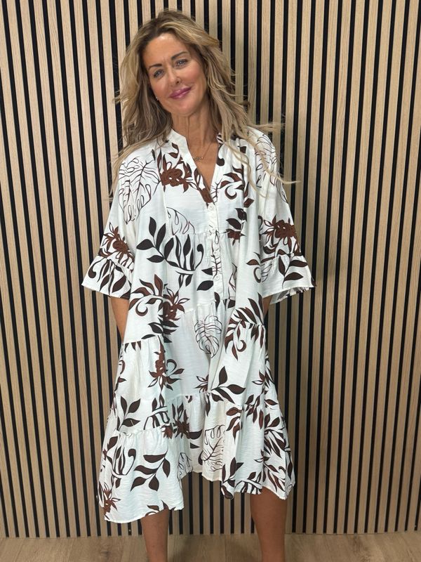 Leaf Print Tiered Smock Dress - Cream/Brown