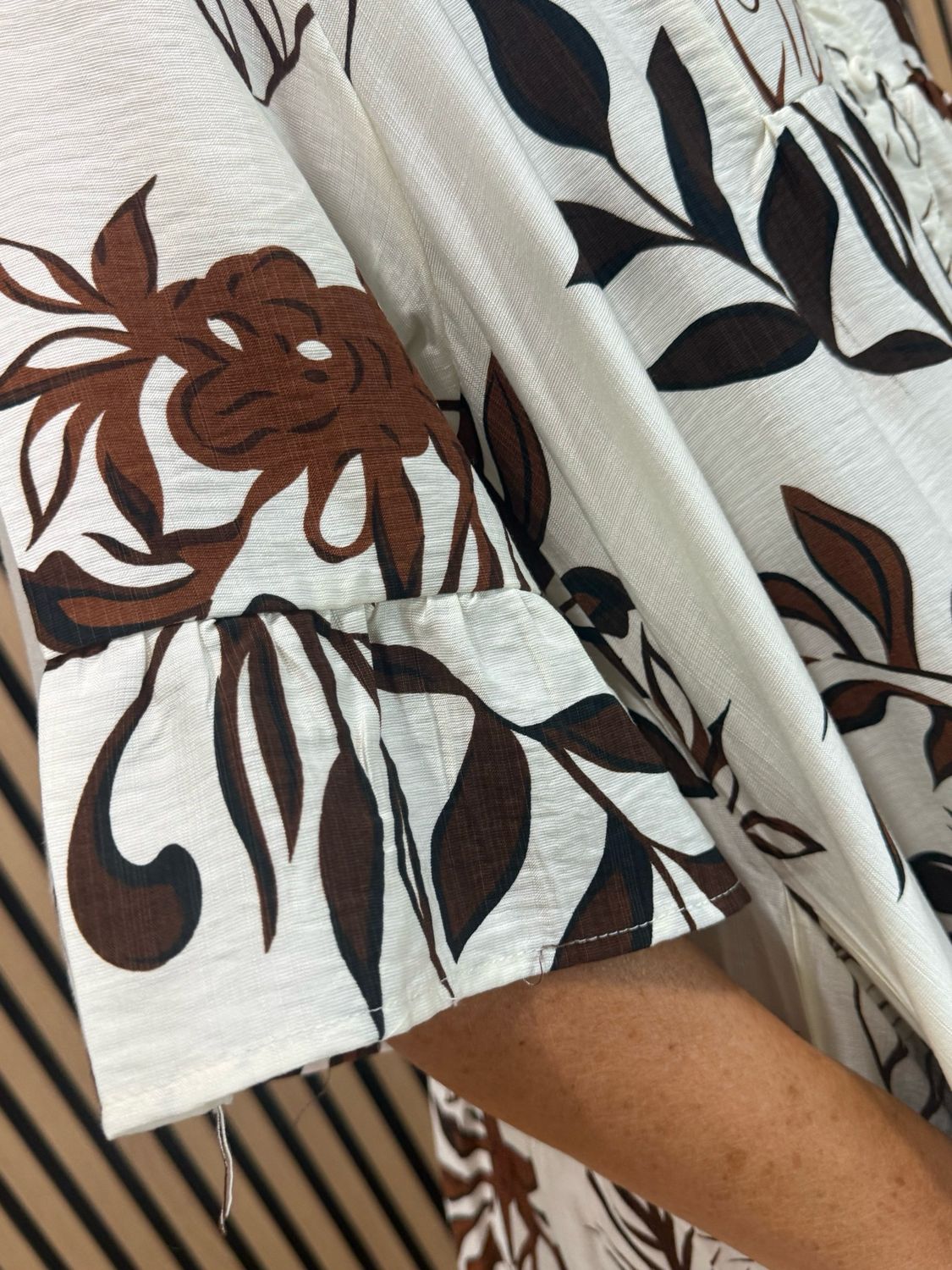 Leaf Print Tiered Smock Dress - Cream/Brown