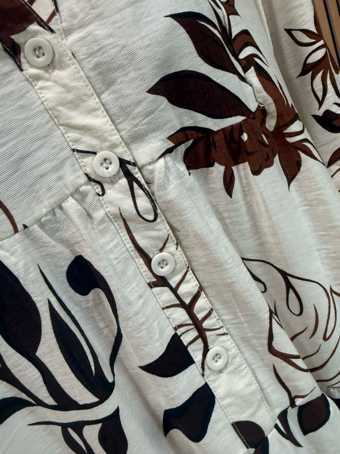 Leaf Print Tiered Smock Dress - Cream/Brown