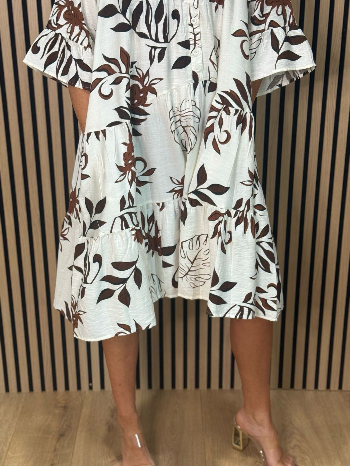 Leaf Print Tiered Smock Dress - Cream/Brown