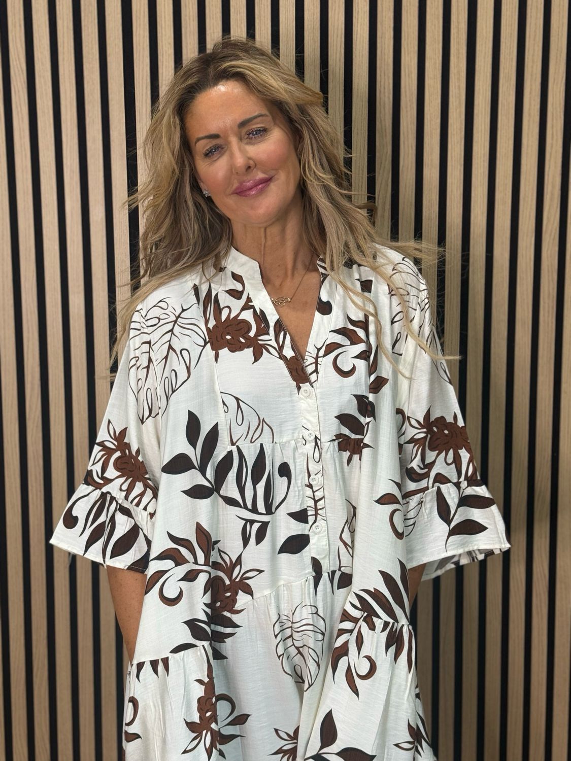 Leaf Print Tiered Smock Dress - Cream/Brown