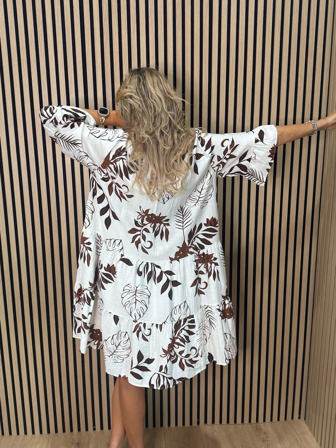 Leaf Print Tiered Smock Dress - Cream/Brown