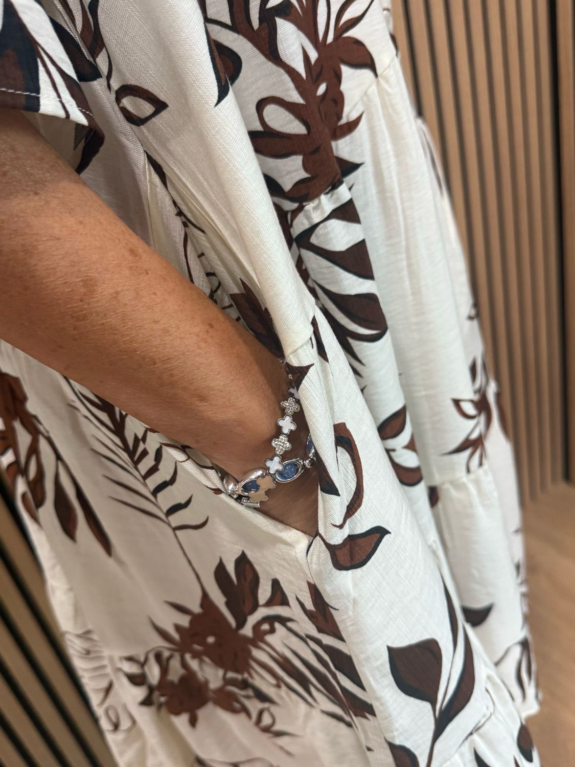 Leaf Print Tiered Smock Dress - Cream/Brown