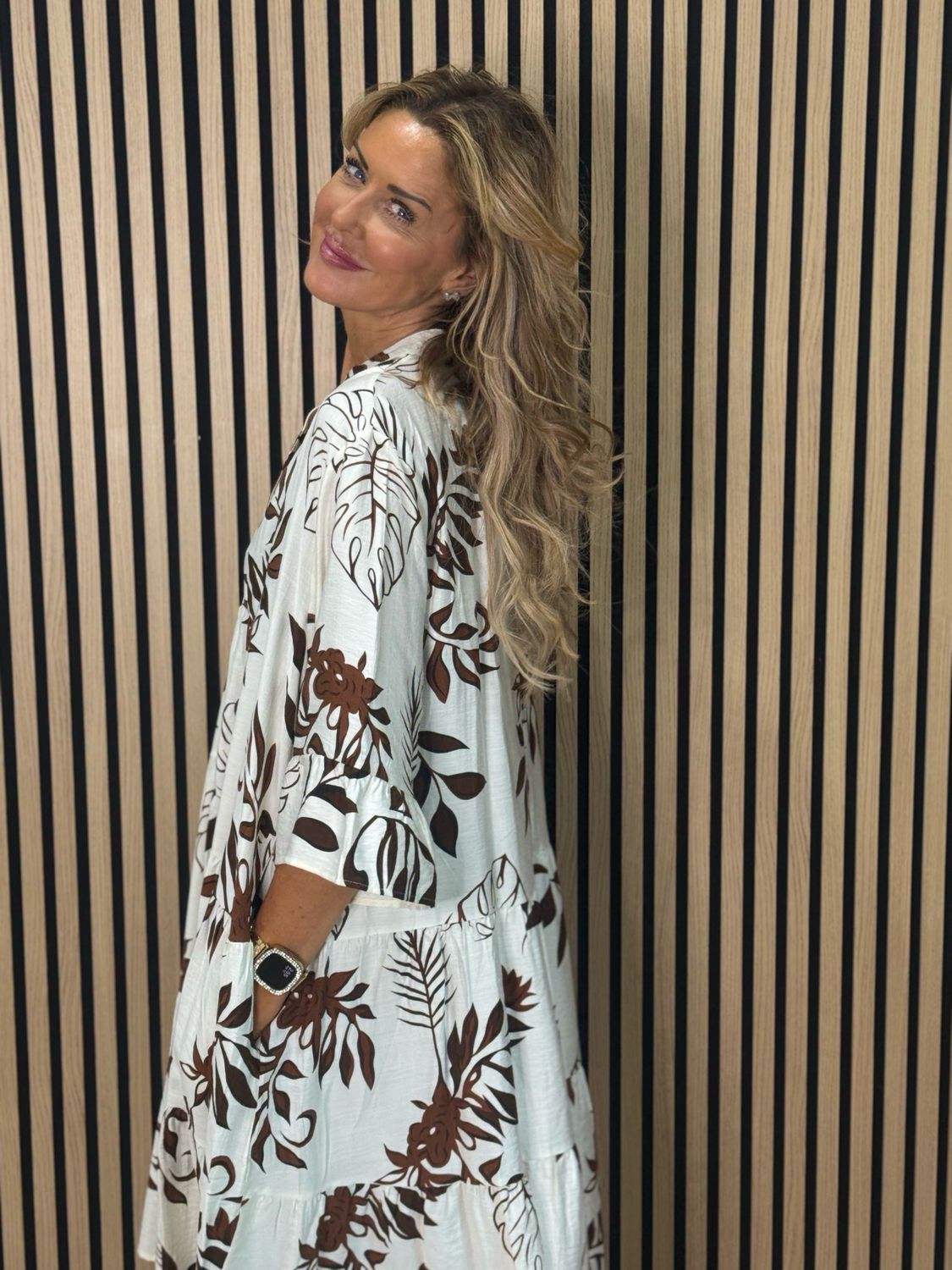 Leaf Print Tiered Smock Dress - Cream/Brown