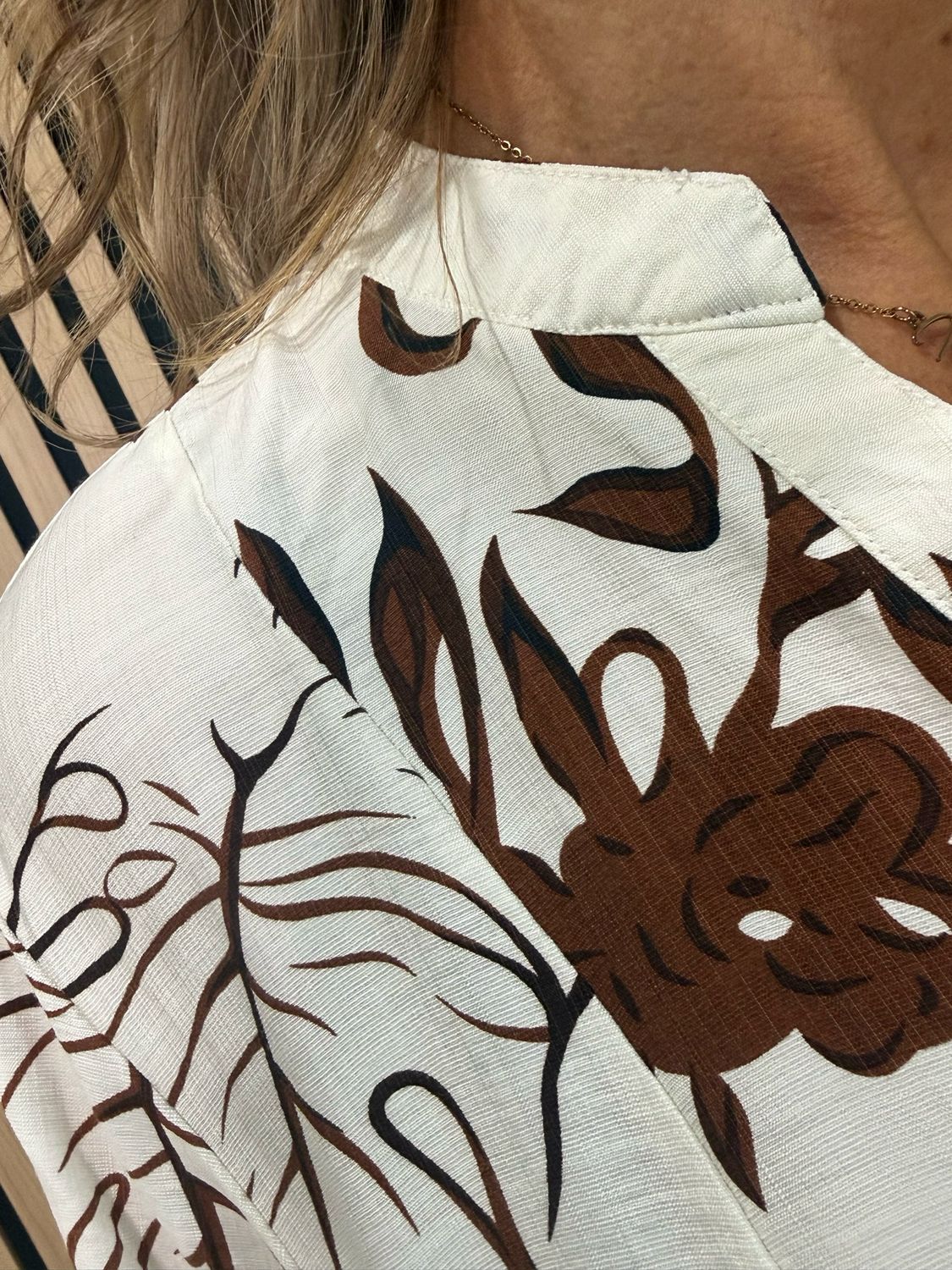 Leaf Print Tiered Smock Dress - Cream/Brown