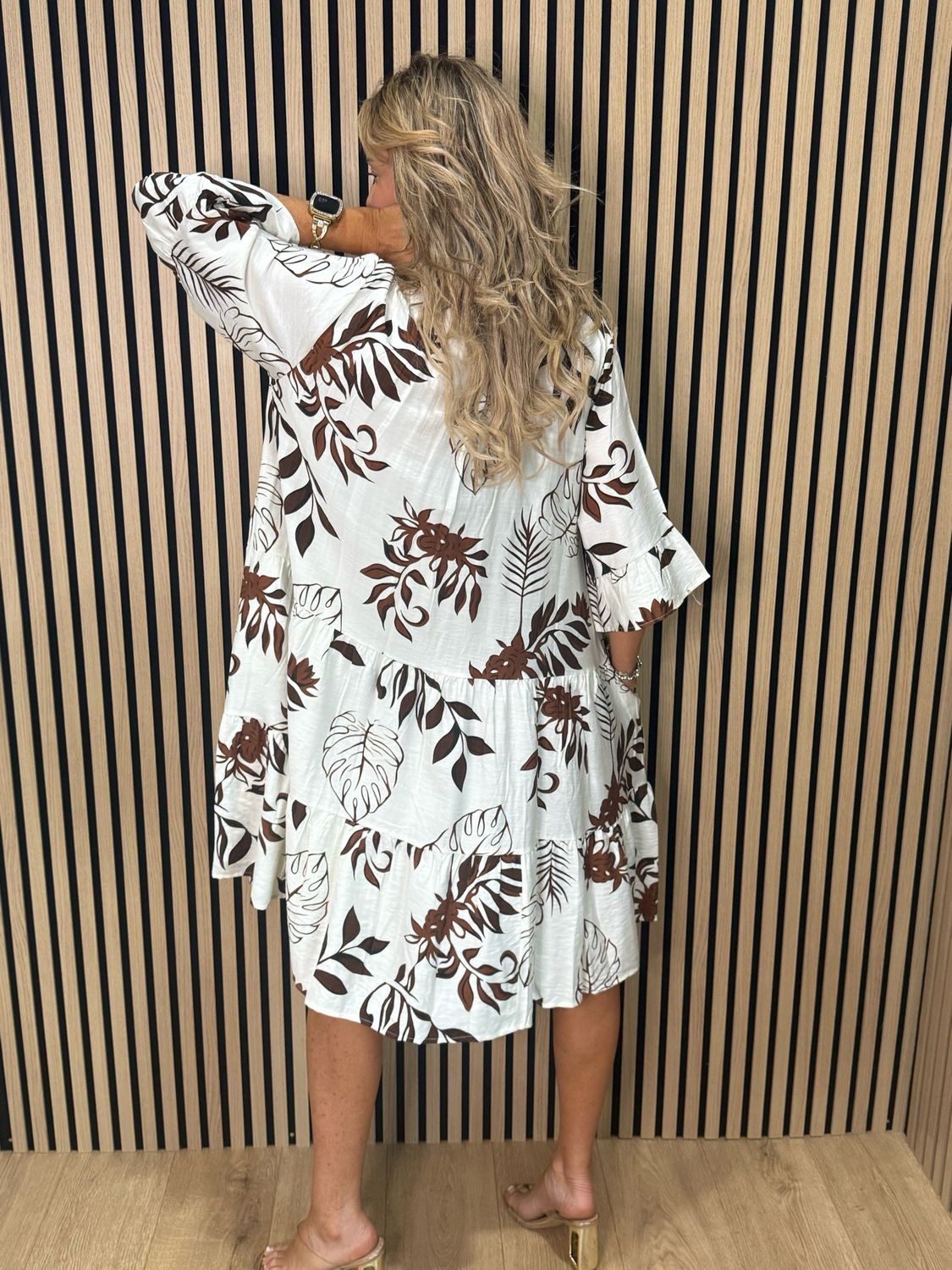 Leaf Print Tiered Smock Dress - Cream/Brown