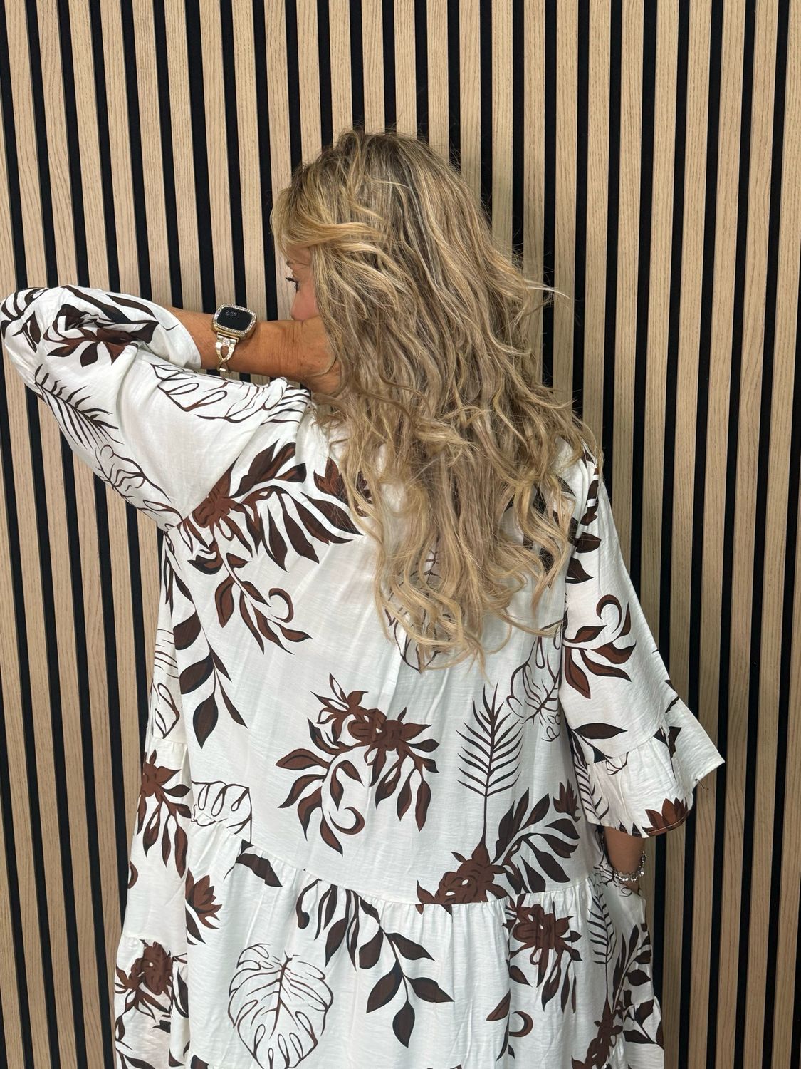 Leaf Print Tiered Smock Dress - Cream/Brown