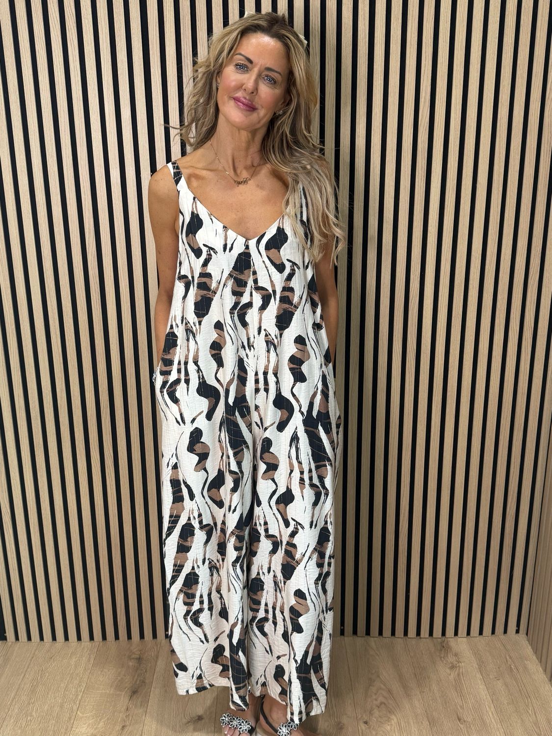 Abstract Print Wide Leg Jump Suit - Cream/Black/Taupe