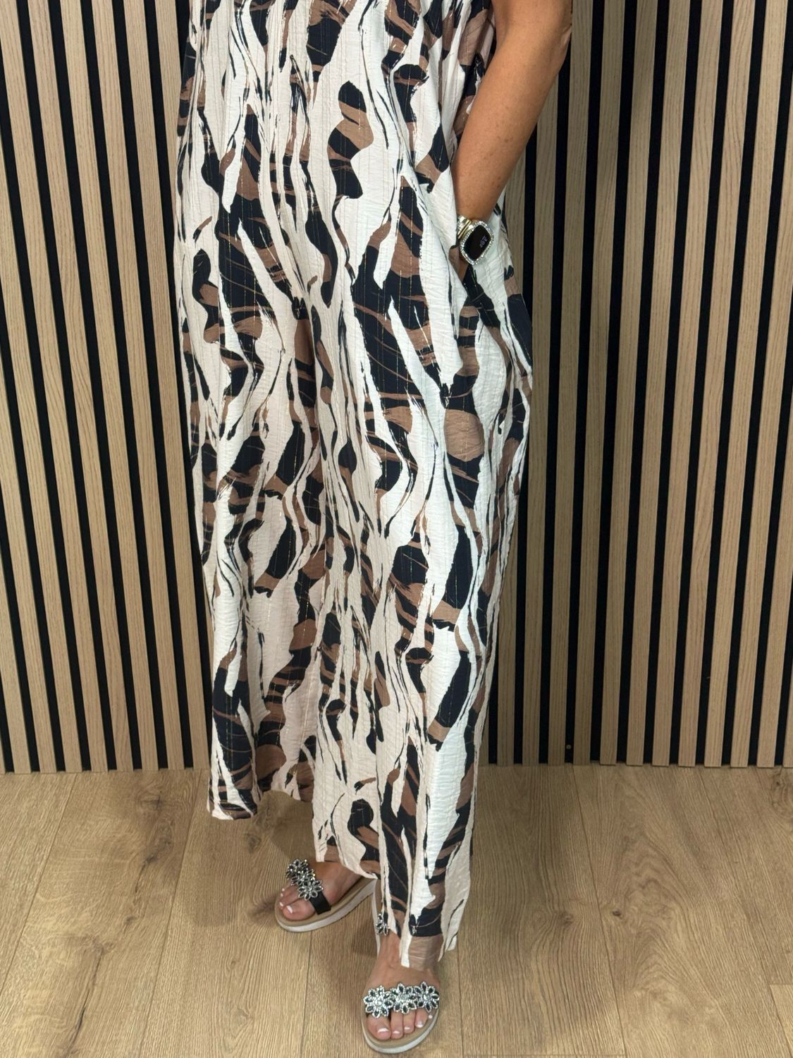 Abstract Print Wide Leg Jump Suit - Cream/Black/Taupe