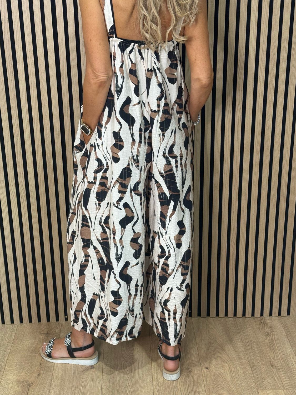 Abstract Print Wide Leg Jump Suit - Cream/Black/Taupe