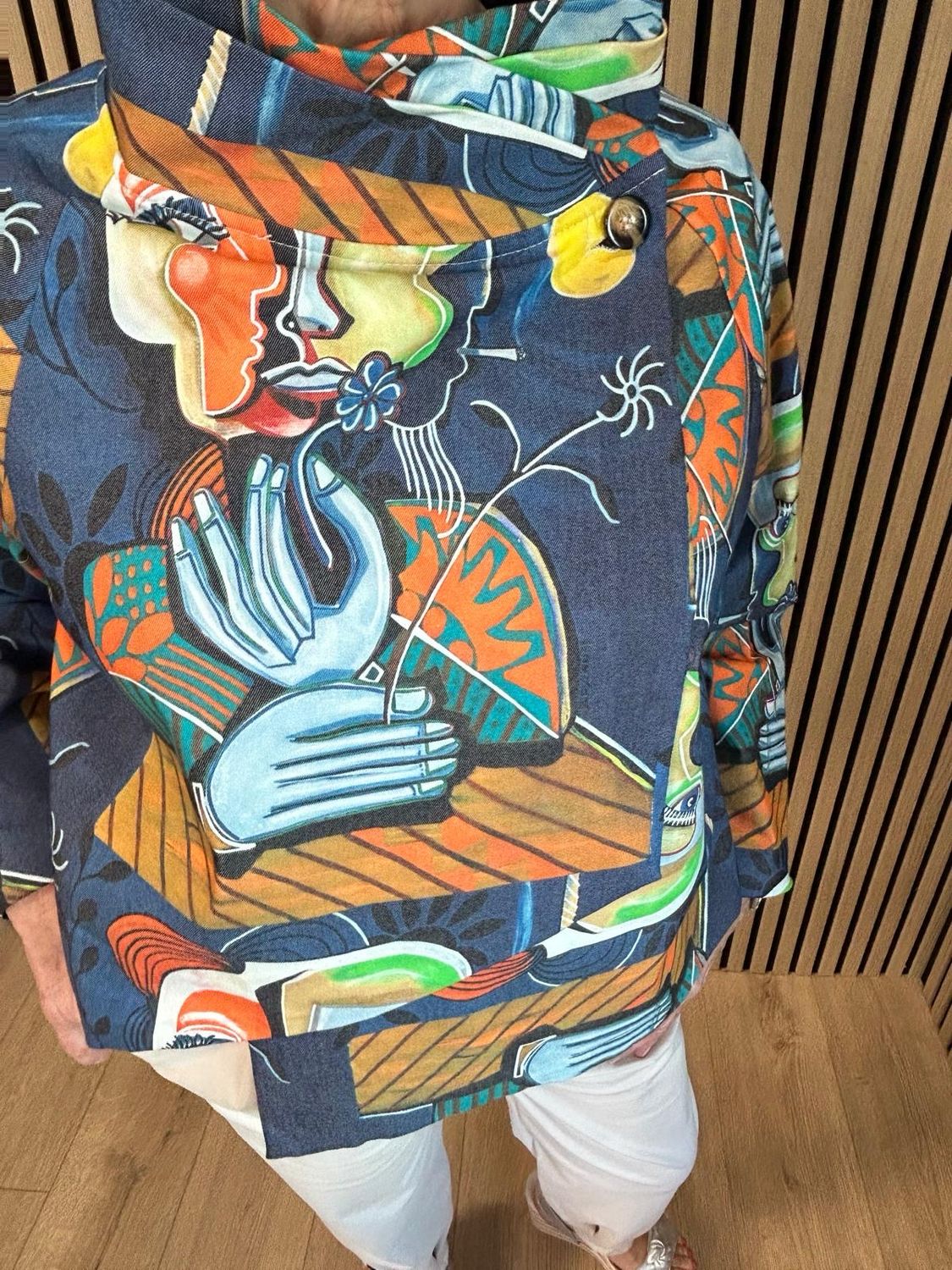 Artistic Print Cotton Jacket - Navy