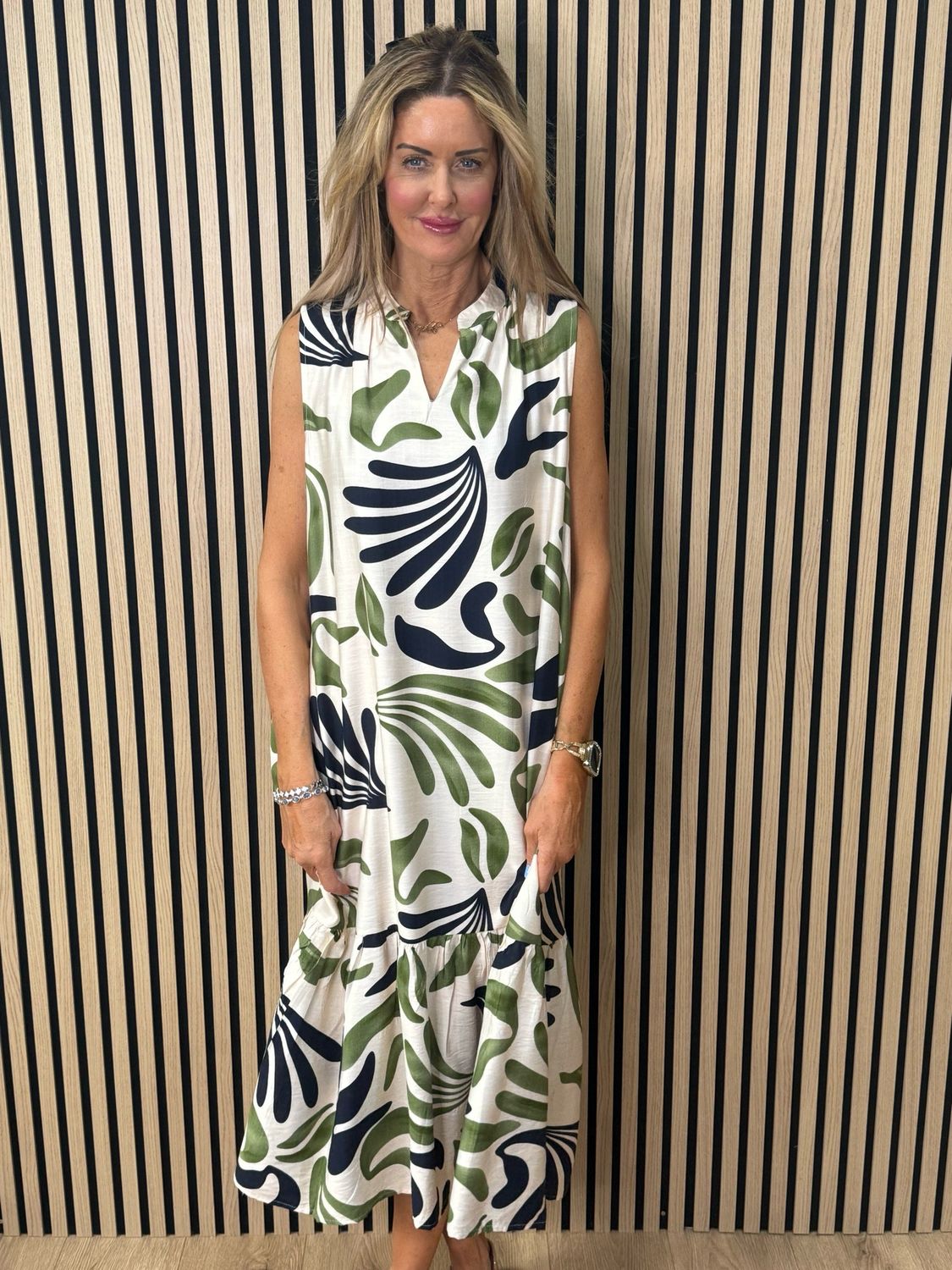 Bree Printed Viscose Dress - Cream/Green/Navy