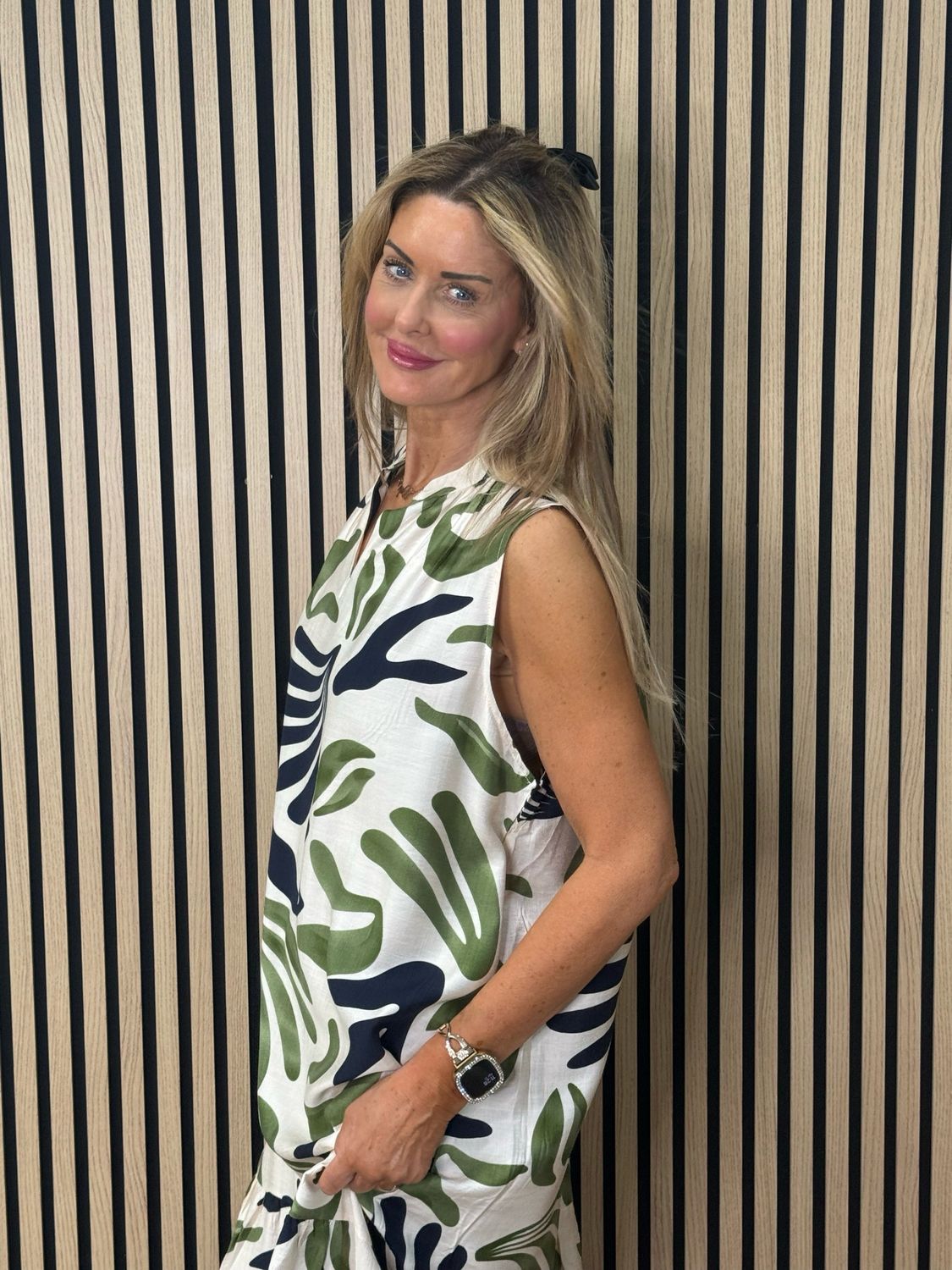 Bree Printed Viscose Dress - Cream/Green/Navy