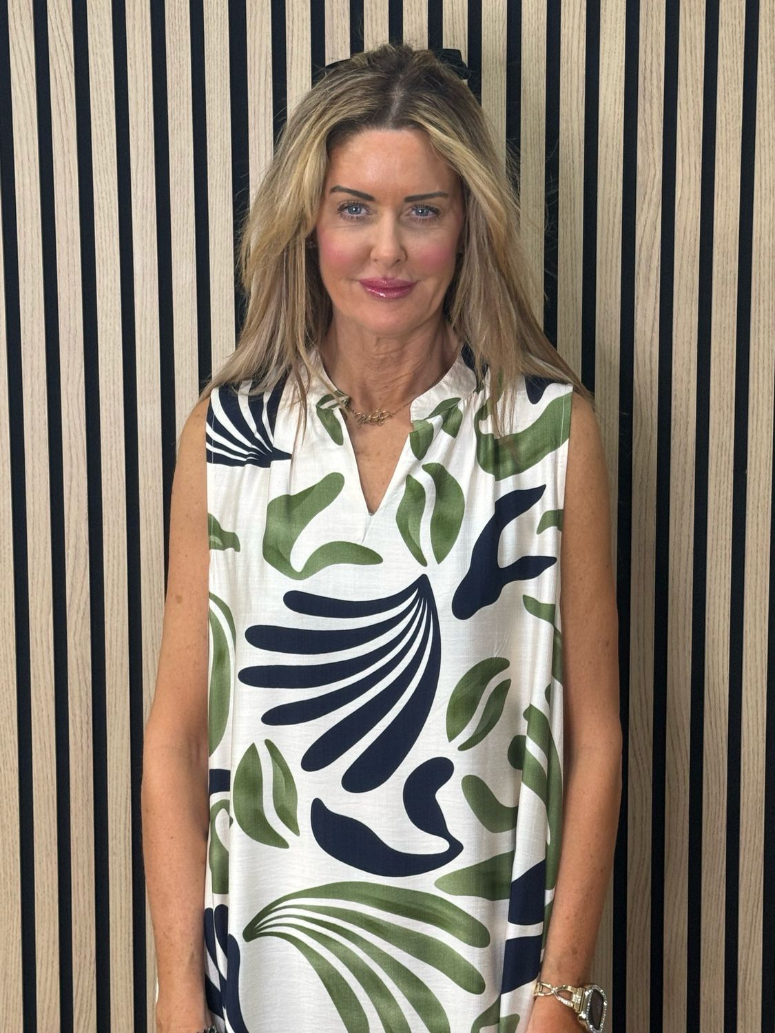 Bree Printed Viscose Dress - Cream/Green/Navy