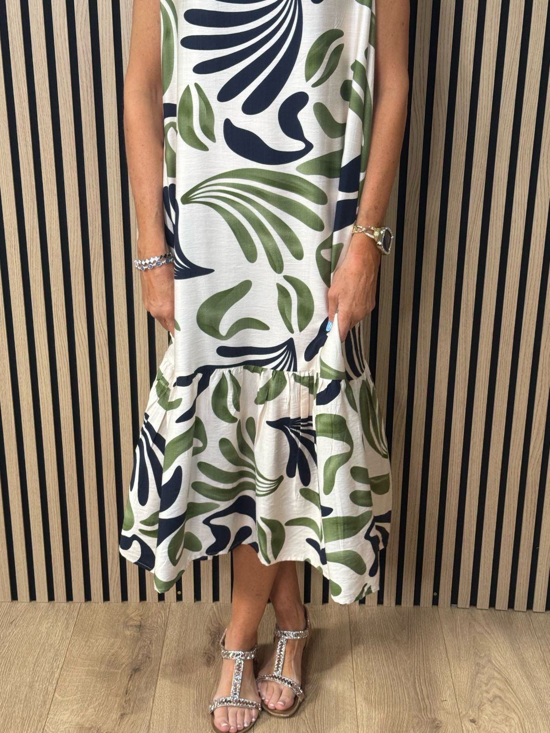 Bree Printed Viscose Dress - Cream/Green/Navy