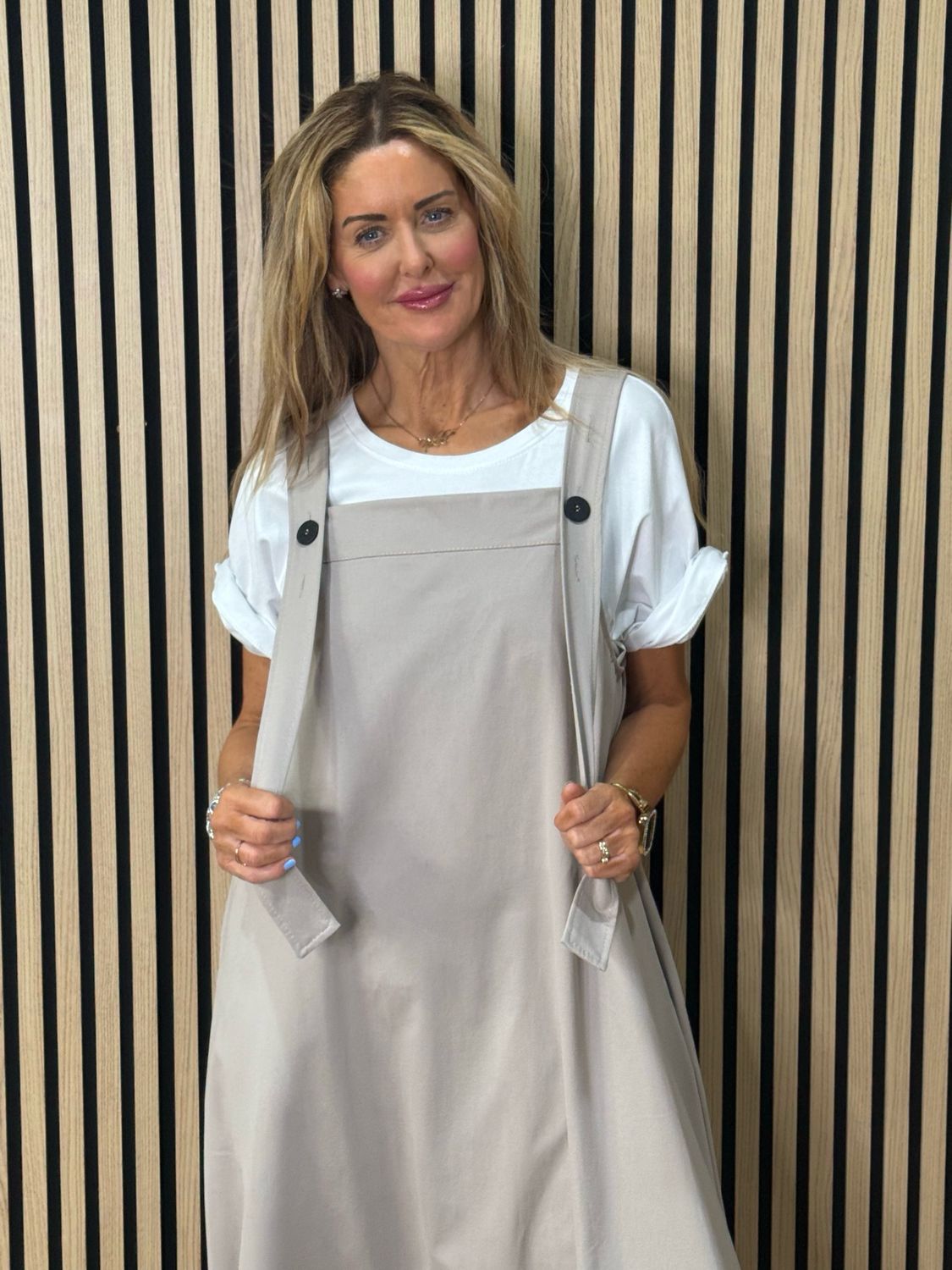 Cara - Utility Pinafore Dress - Taupe