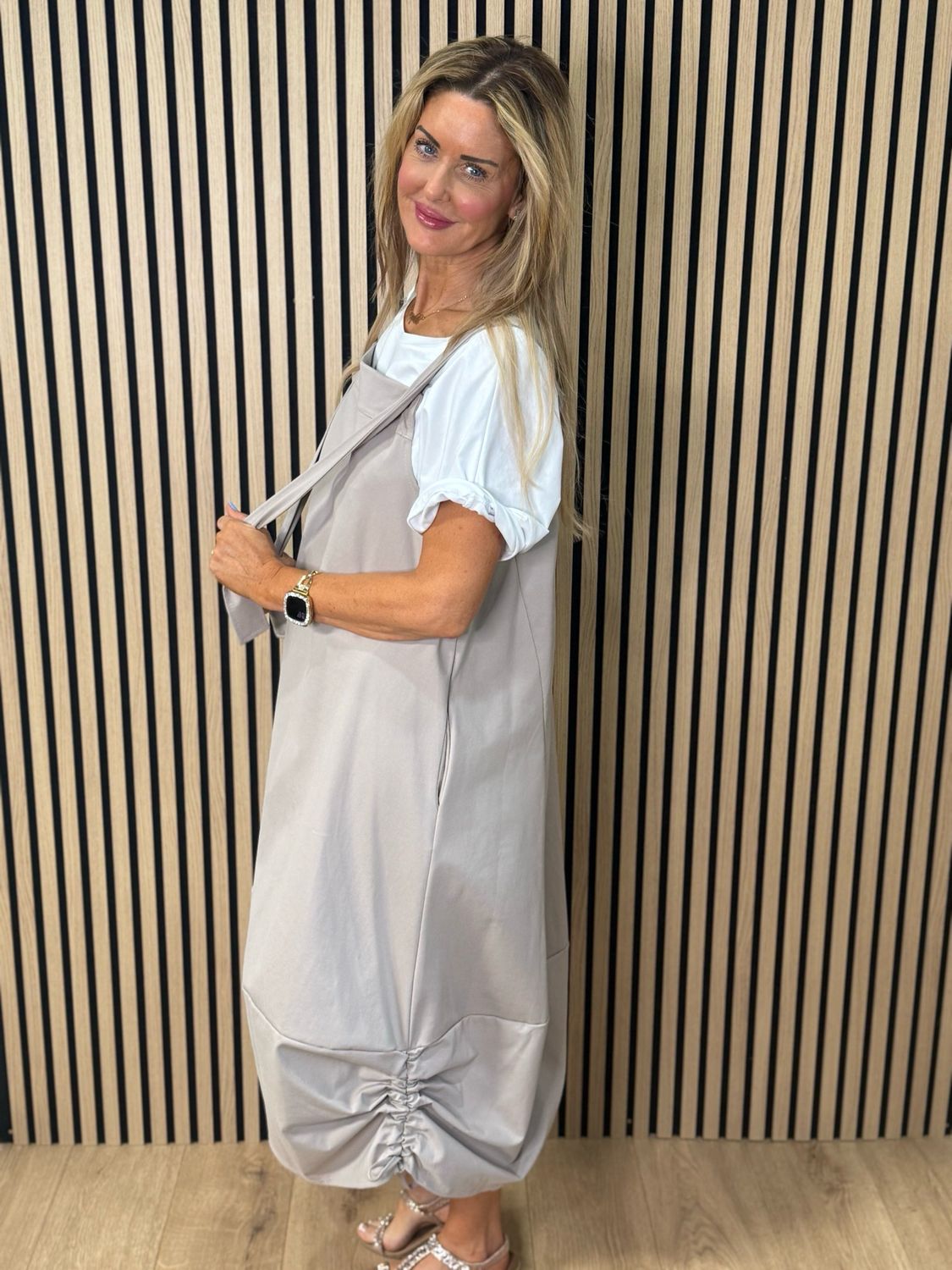 Cara - Utility Pinafore Dress - Taupe