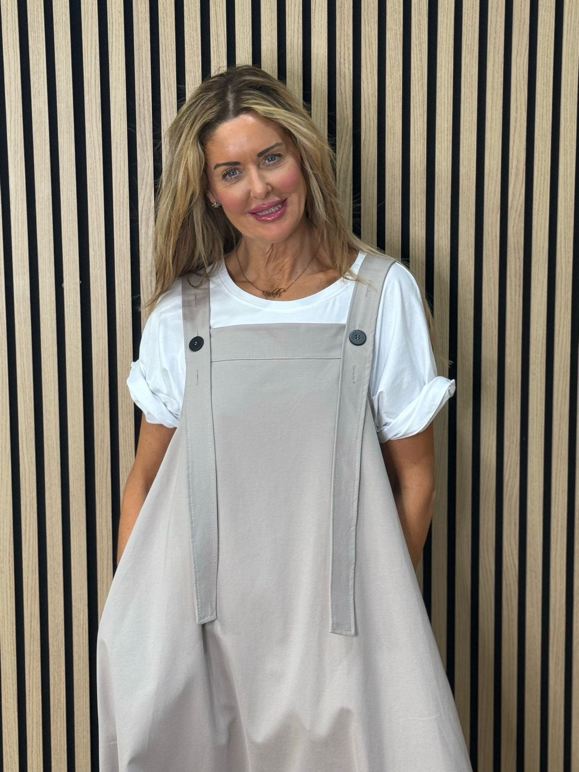 Cara - Utility Pinafore Dress - Taupe