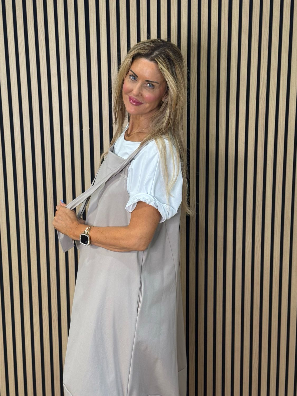 Cara - Utility Pinafore Dress - Taupe