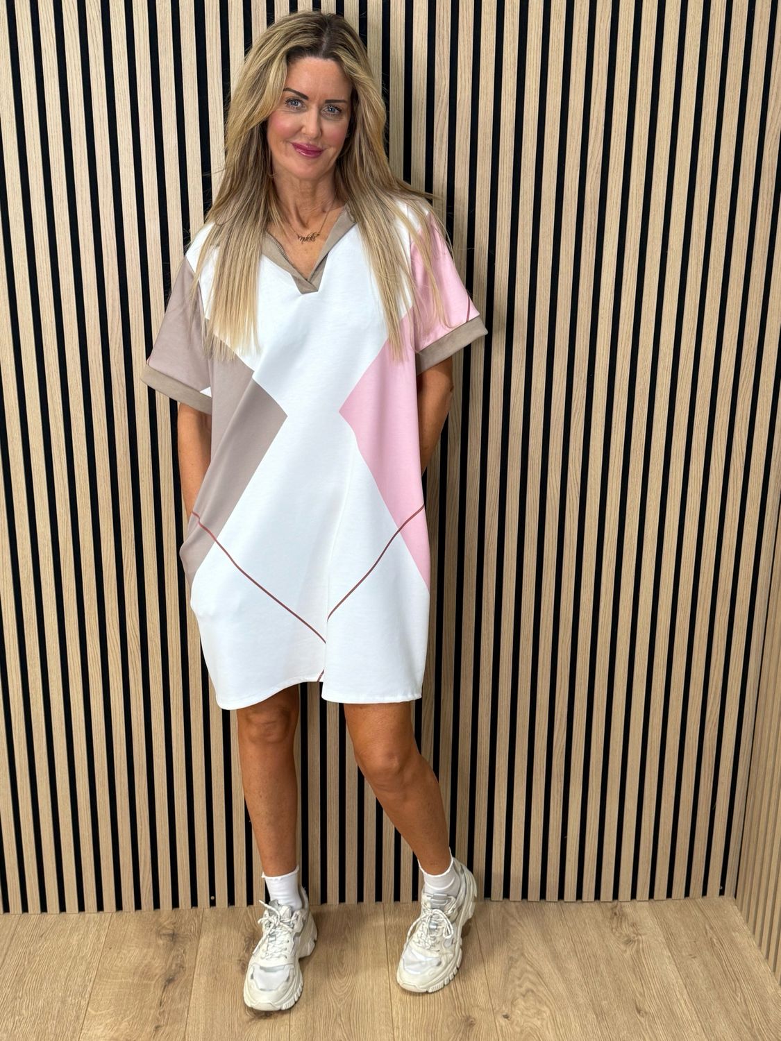 Abstract Print Shift Dress - White/Taupe/Pink