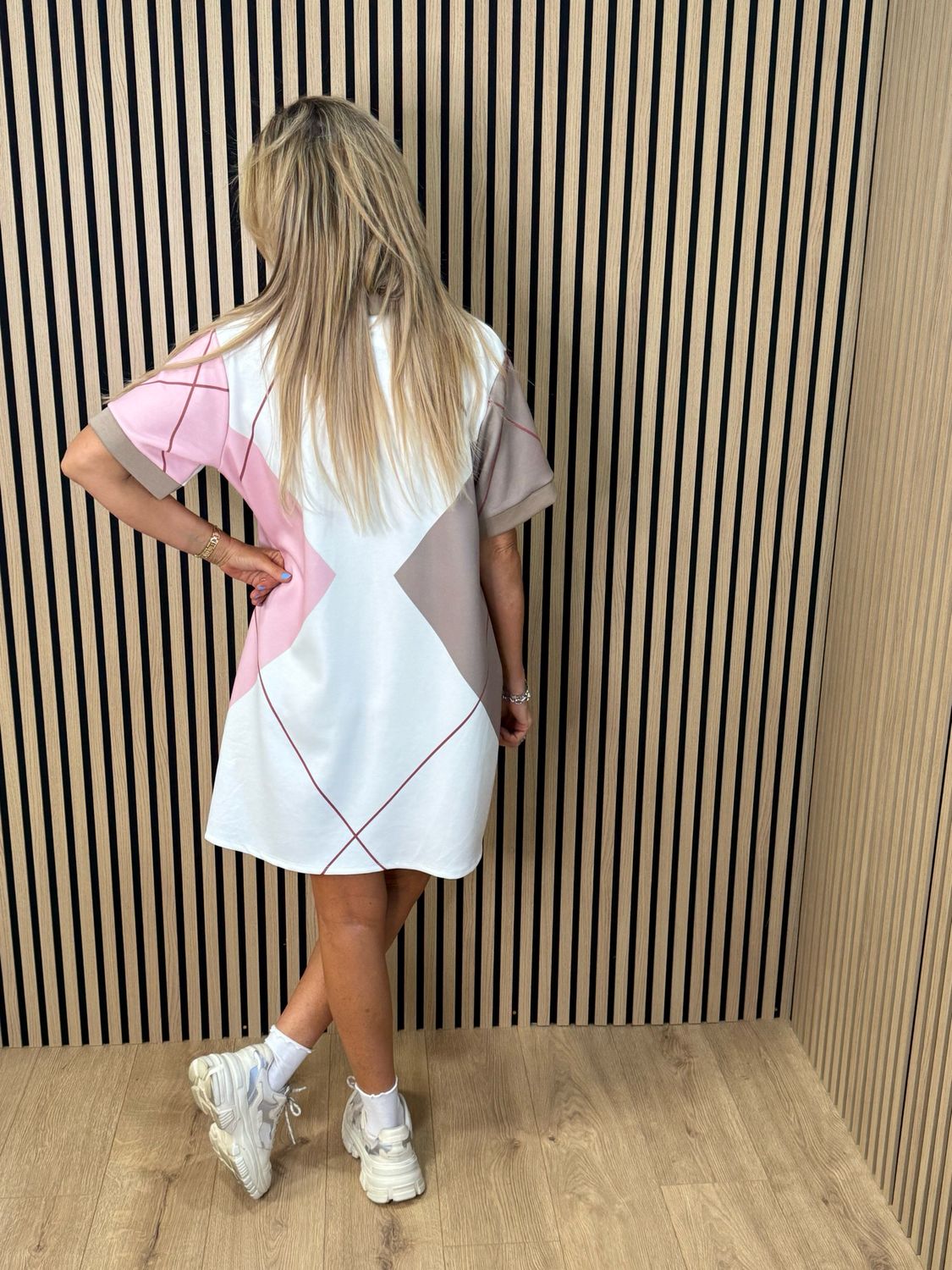 Abstract Print Shift Dress - White/Taupe/Pink