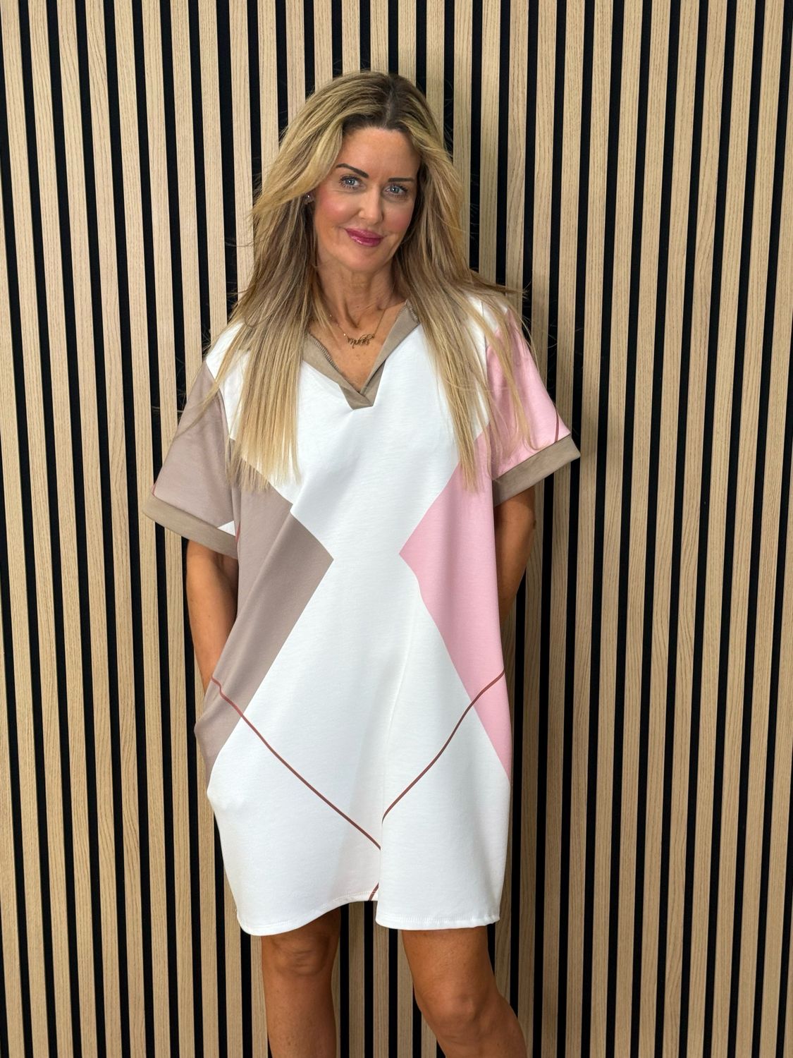 Abstract Print Shift Dress - White/Taupe/Pink
