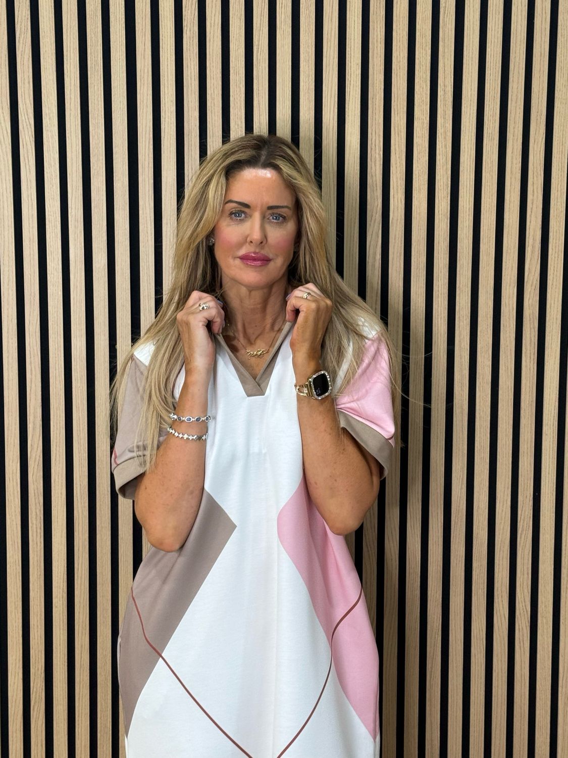 Abstract Print Shift Dress - White/Taupe/Pink