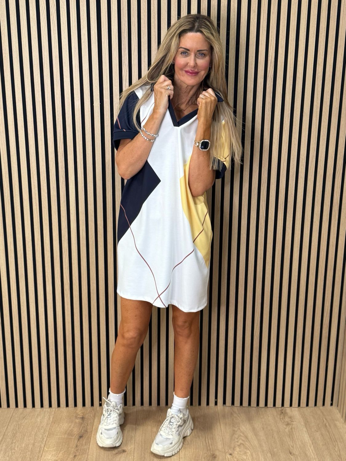 Abstract Print Shift Dress - White/Yellow/Navy