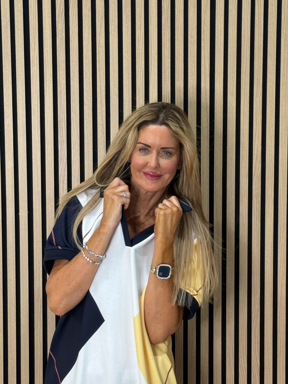 Abstract Print Shift Dress - White/Yellow/Navy