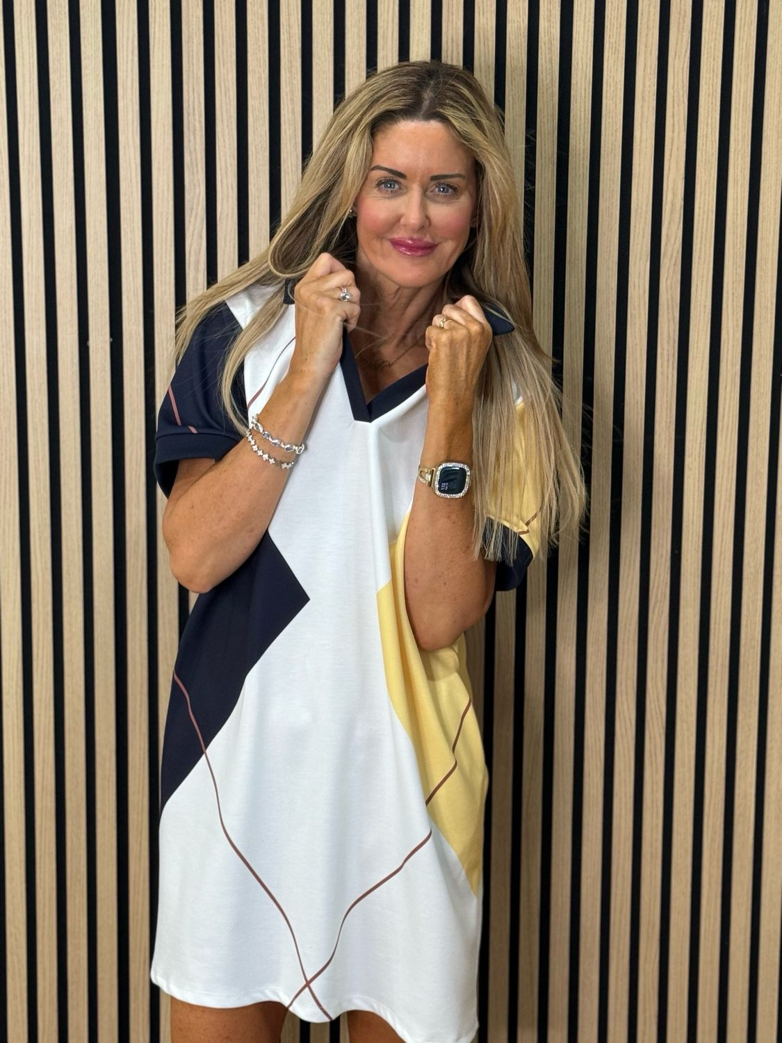 Abstract Print Shift Dress - White/Yellow/Navy