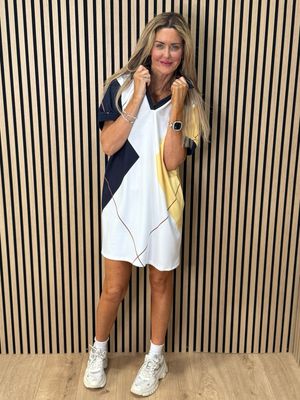 Abstract Print Shift Dress - White/Yellow/Navy