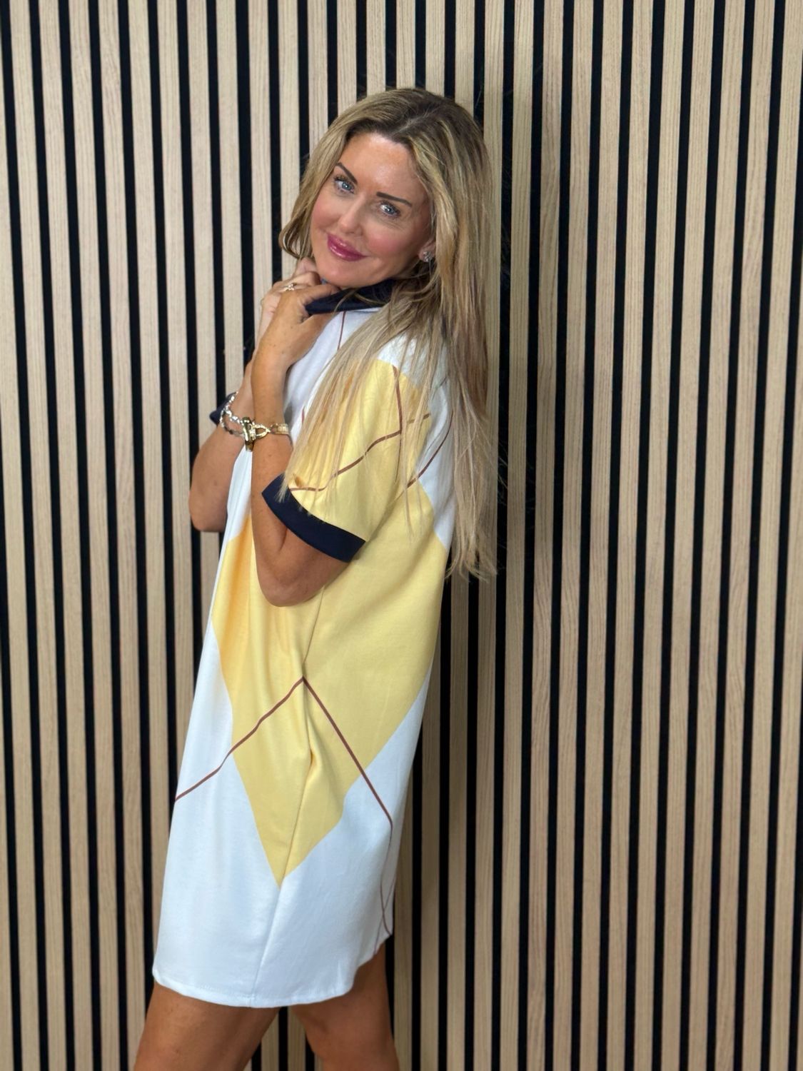 Abstract Print Shift Dress - White/Yellow/Navy