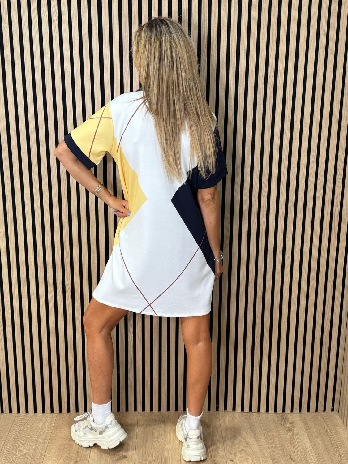 Abstract Print Shift Dress - White/Yellow/Navy