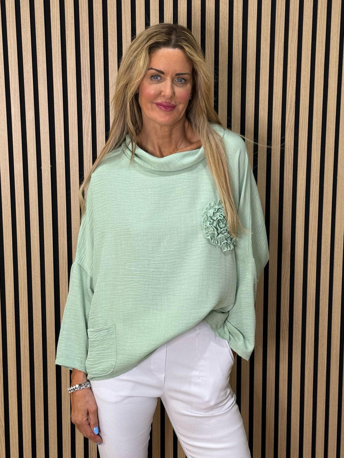 Rosette Detail Drop Shoulder Top - Mint