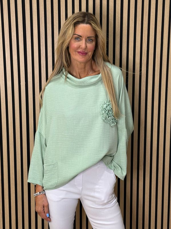 Rosette Detail Drop Shoulder Top - Mint