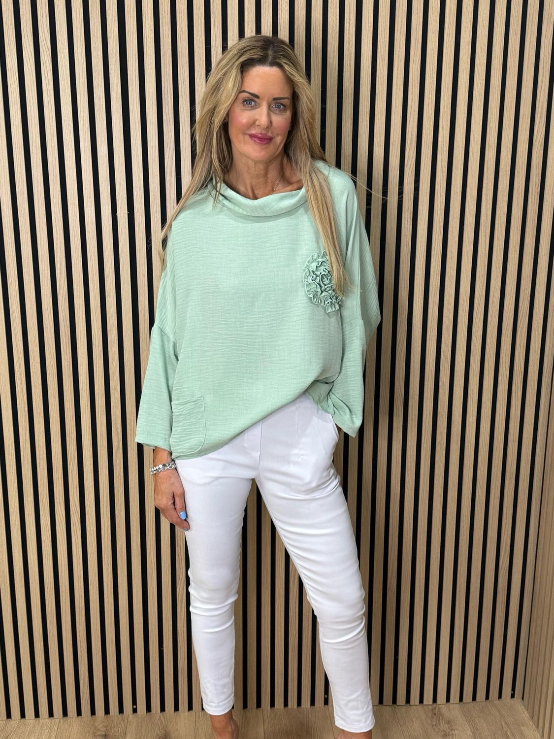 Rosette Detail Drop Shoulder Top - Mint