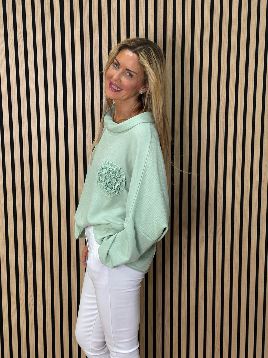 Rosette Detail Drop Shoulder Top - Mint
