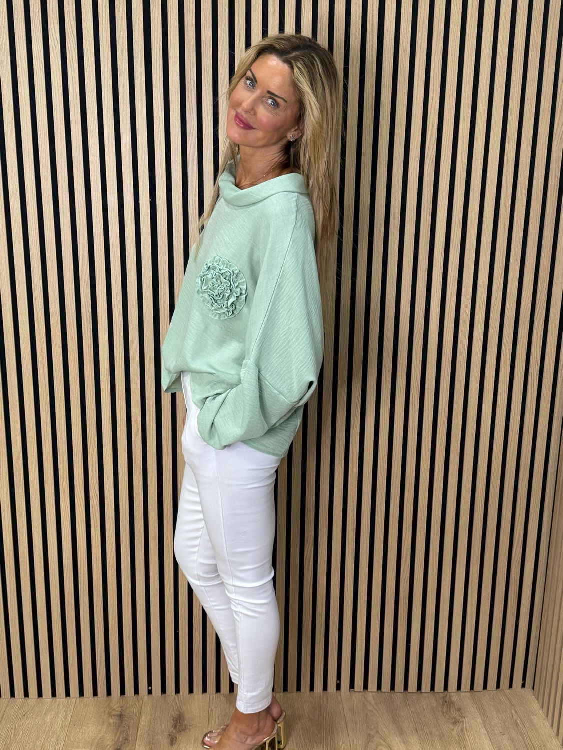 Rosette Detail Drop Shoulder Top - Mint