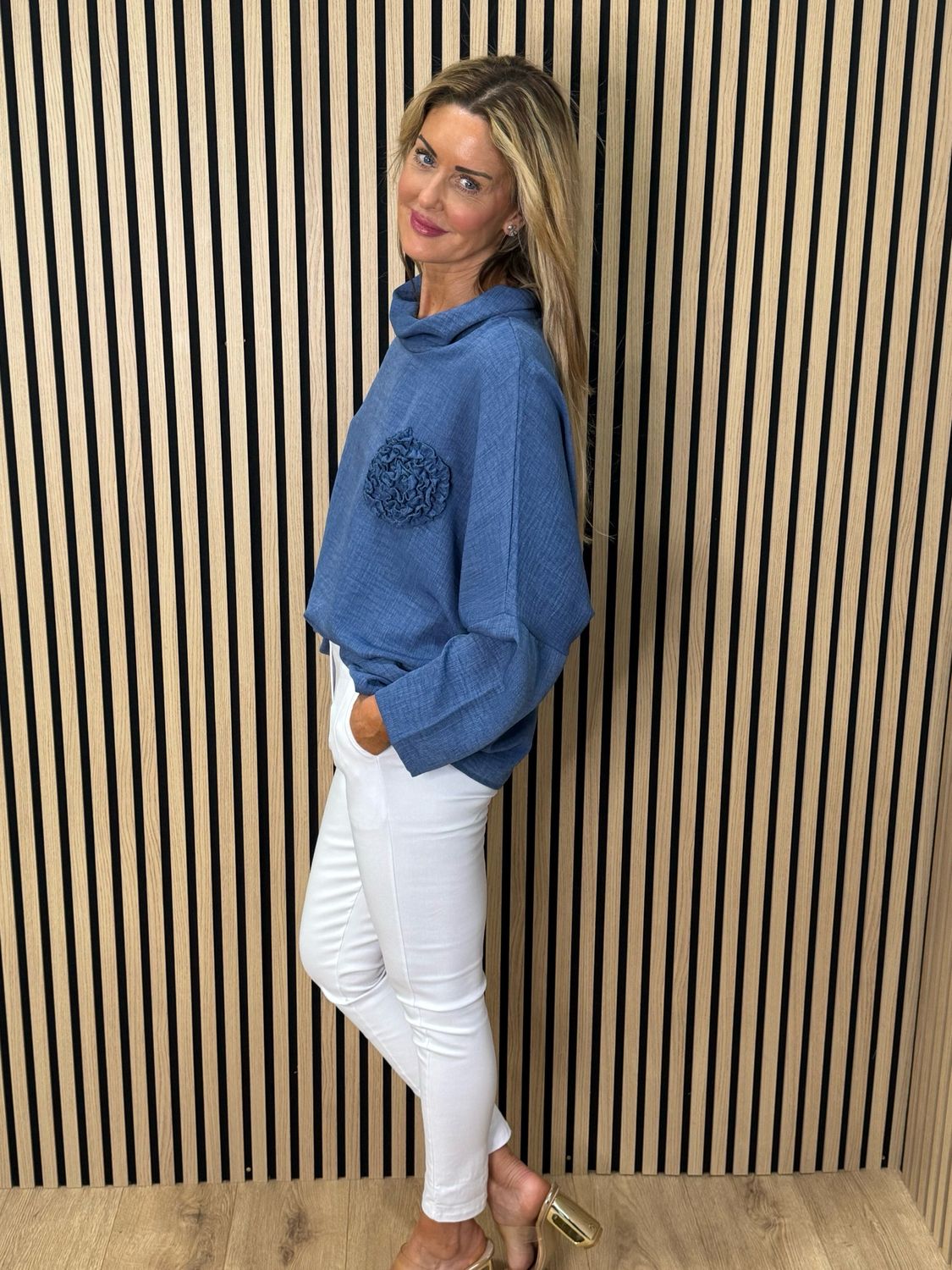 Rosette Detail Drop Shoulder Top - Denim Blue