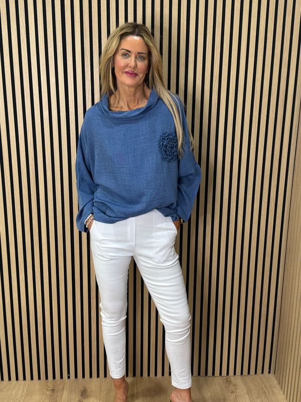 Rosette Detail Drop Shoulder Top - Denim Blue