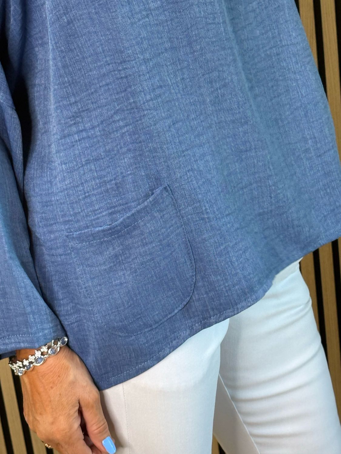 Rosette Detail Drop Shoulder Top - Denim Blue