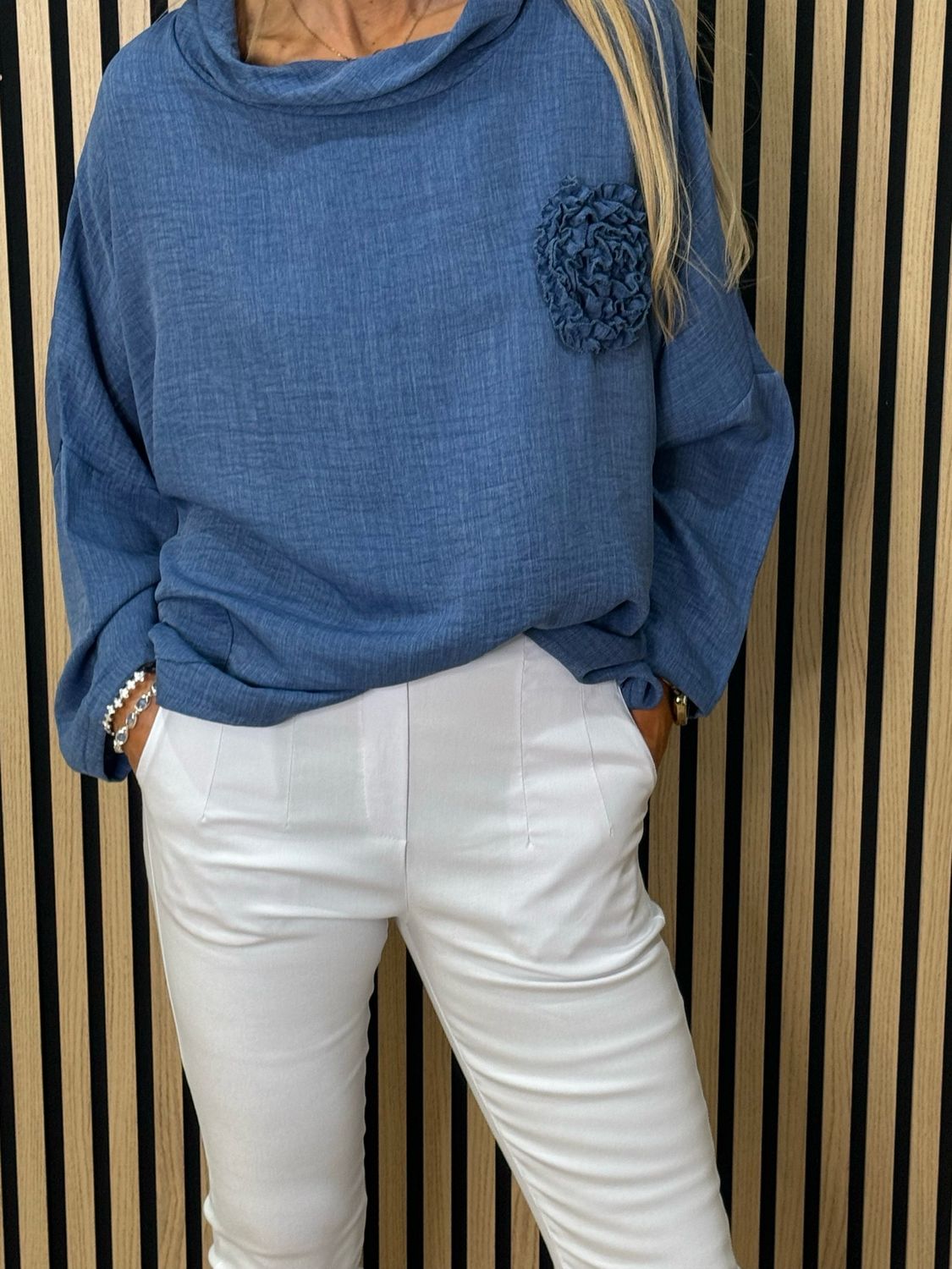 Rosette Detail Drop Shoulder Top - Denim Blue