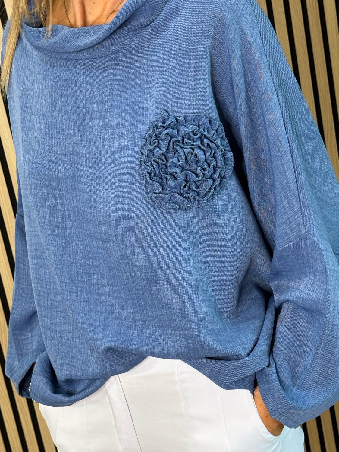 Rosette Detail Drop Shoulder Top - Denim Blue