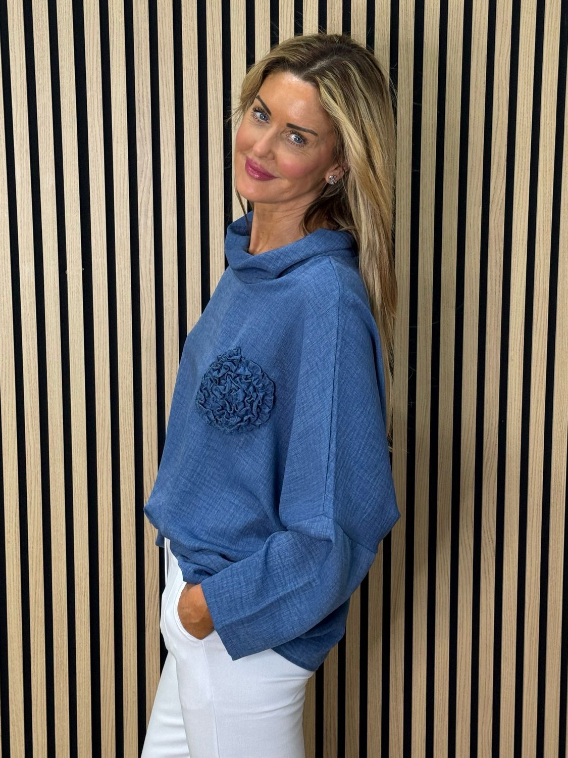 Rosette Detail Drop Shoulder Top - Denim Blue