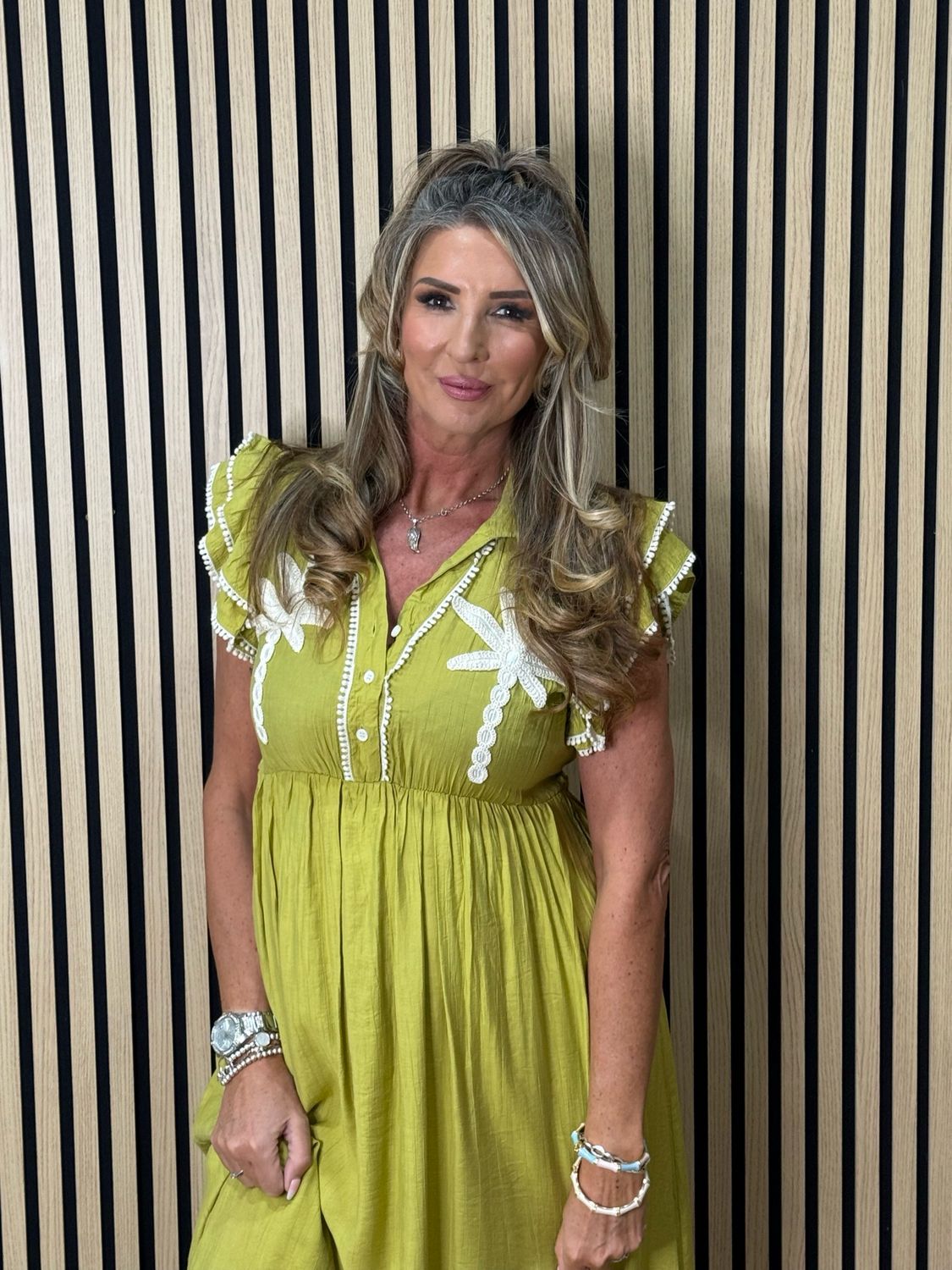 Embroidered Midi Dress - Lime