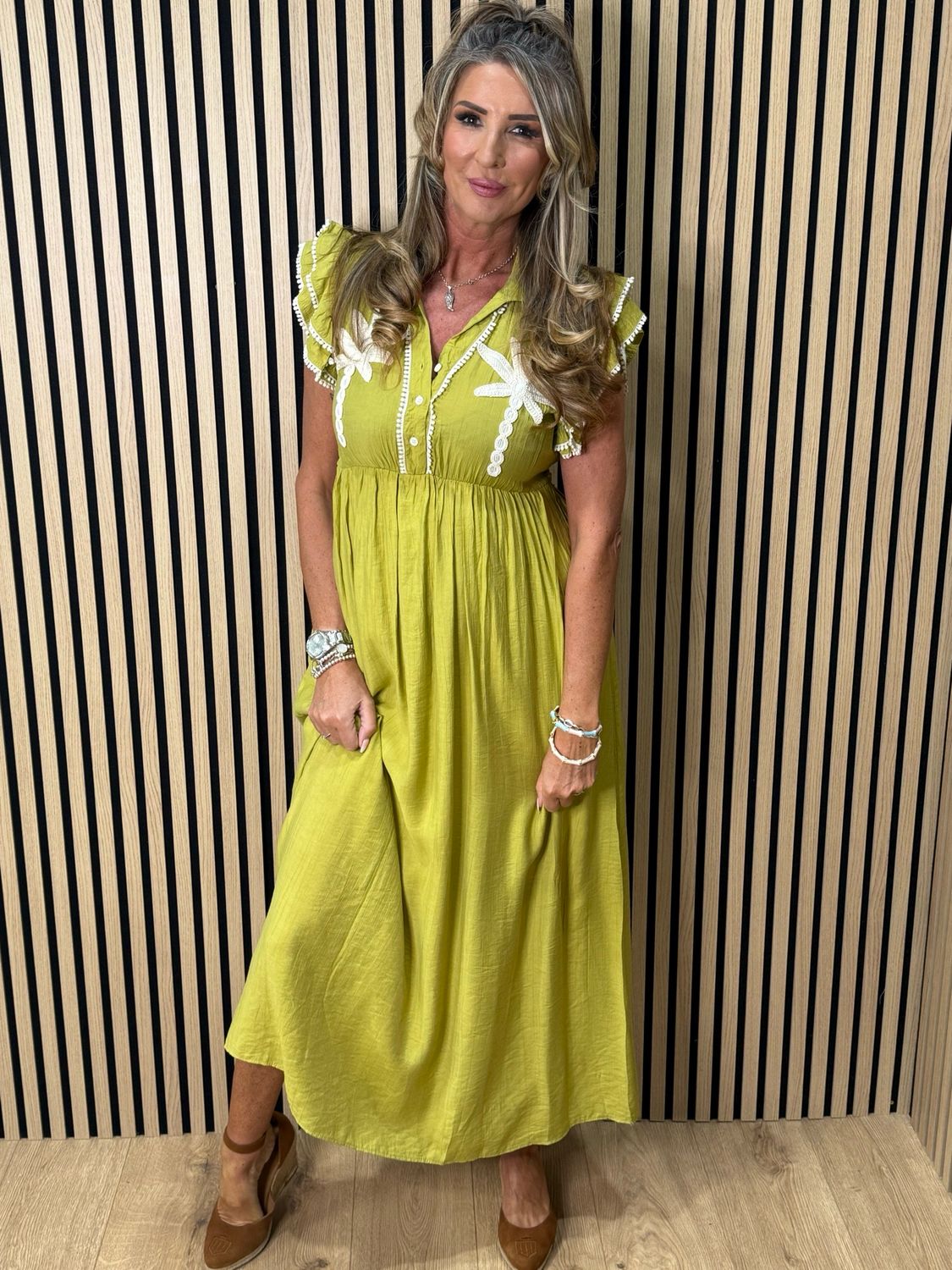 Embroidered Midi Dress - Lime