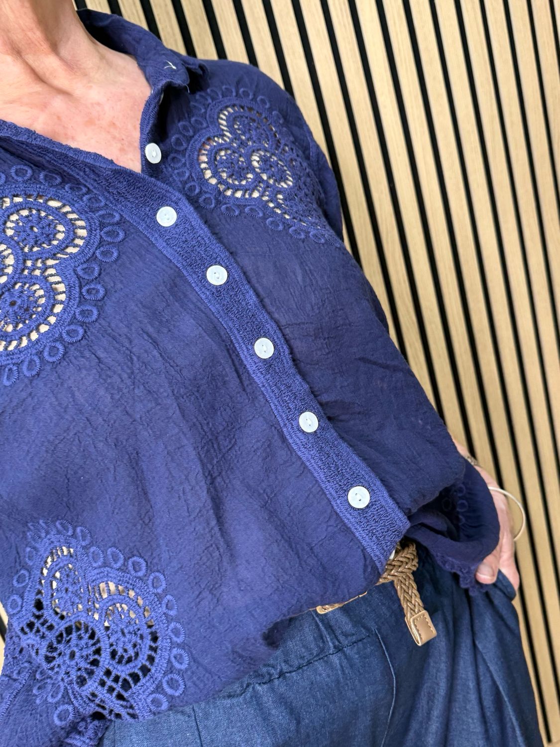 Lace Detail Cotton Top - Navy