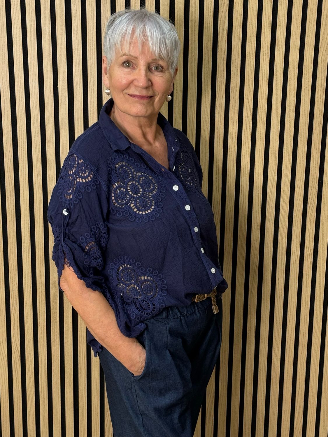 Lace Detail Cotton Top - Navy