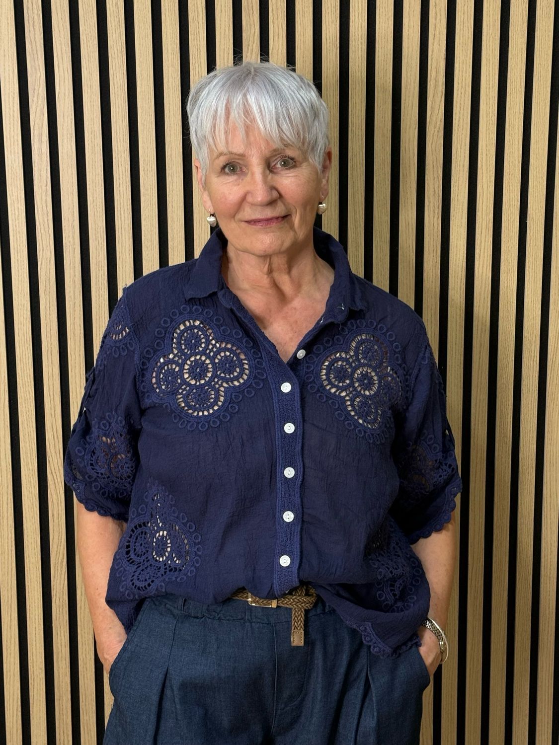 Lace Detail Cotton Top - Navy